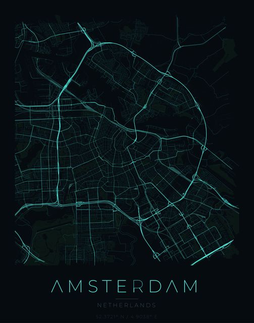 Amsterdam city map poster, Cyan Pulse palette