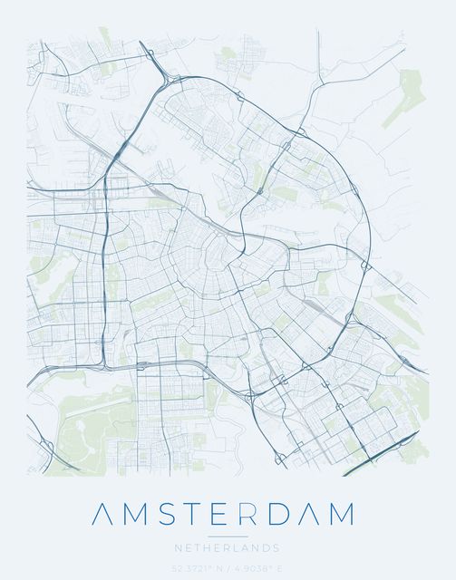 Amsterdam city map poster, Harbor Blue palette