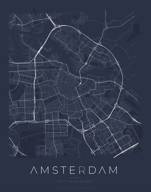 Amsterdam city map poster, Navy Classic palette