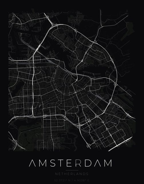 Amsterdam city map poster, Obsidian Line style