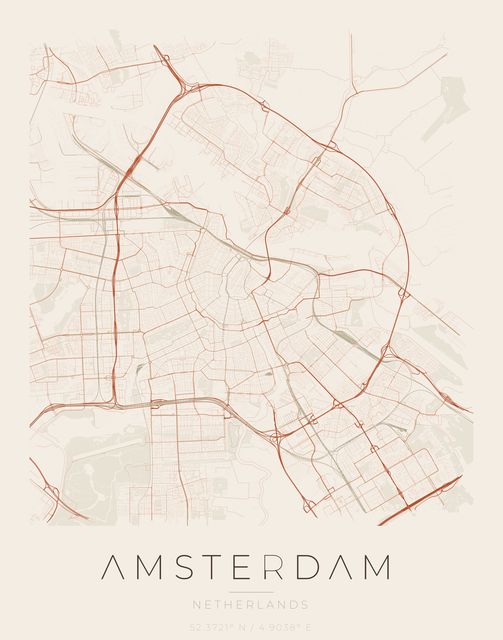 Amsterdam city map poster, Sandstone palette
