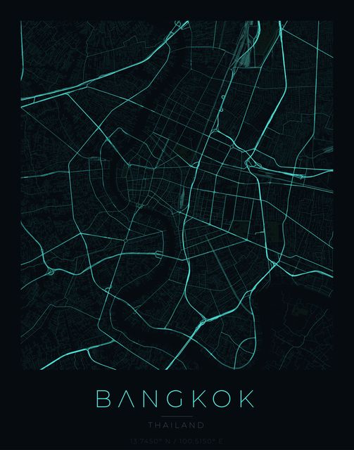 Bangkok city map poster, Cyan Pulse palette