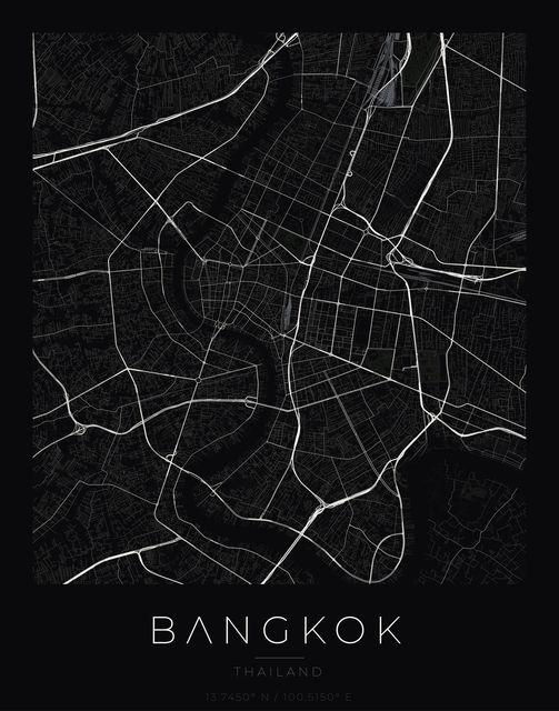 Bangkok city map poster, Obsidian Line style
