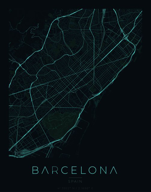 Barcelona city map poster, Cyan Pulse palette