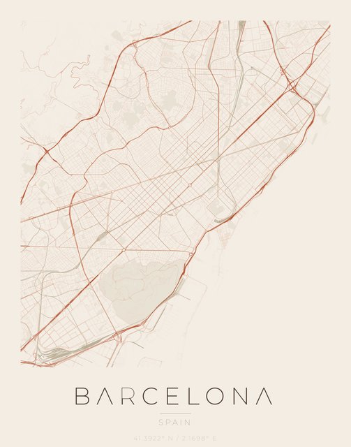 Barcelona city map poster, Sandstone palette
