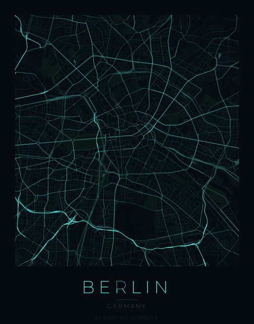 Berlin city map poster, Cyan Pulse palette