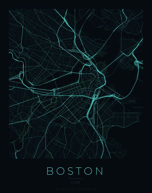 Boston city map poster, Cyan Pulse palette