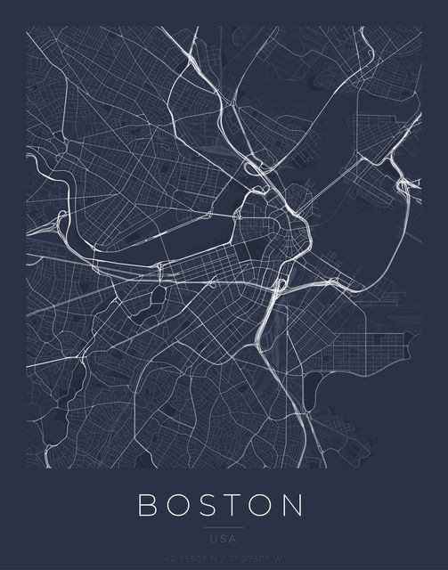 Boston city map poster, Navy Classic palette