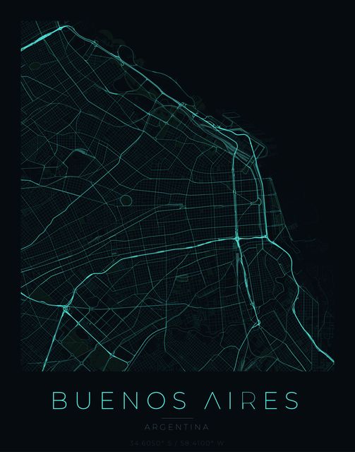 Buenos Aires city map poster, Cyan Pulse palette