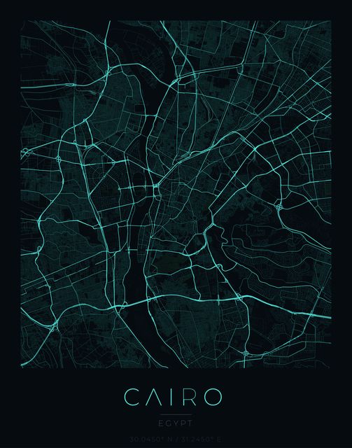 Cairo city map poster, Cyan Pulse palette