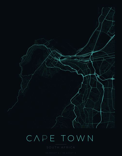 Cape Town city map poster, Cyan Pulse palette