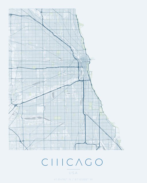 Chicago city map poster, Harbor Blue palette
