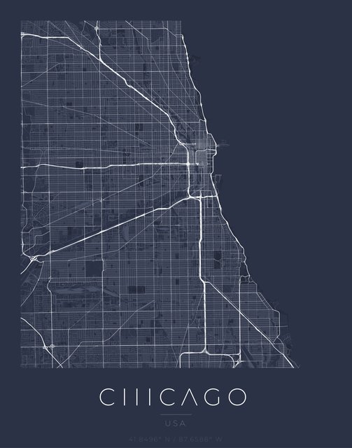 Chicago city map poster, Navy Classic palette