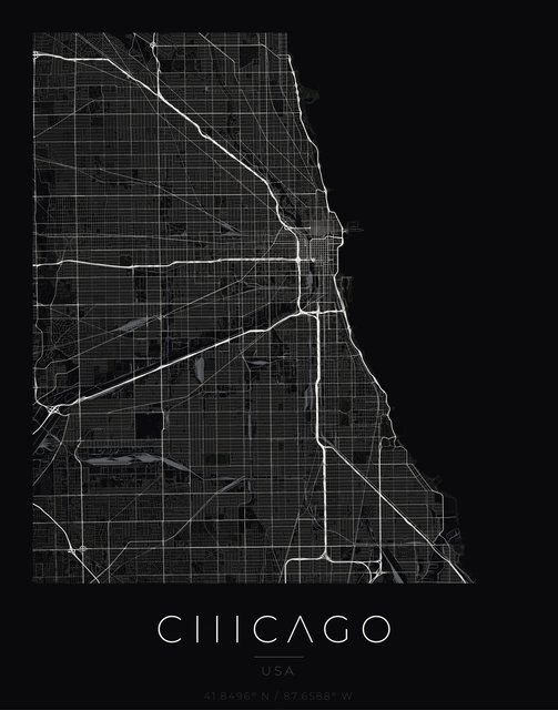 Chicago city map poster, Obsidian Line style