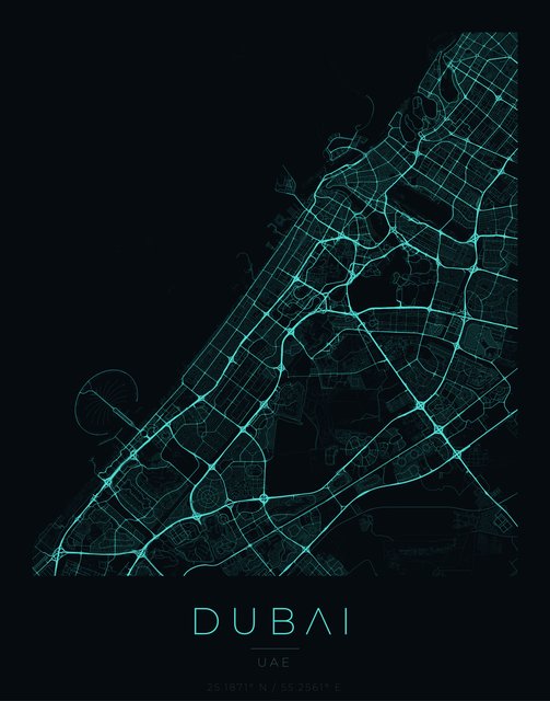 Dubai city map poster, Cyan Pulse style
