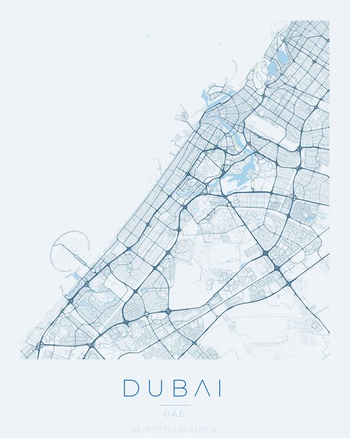 Dubai city map poster, Harbor Blue palette
