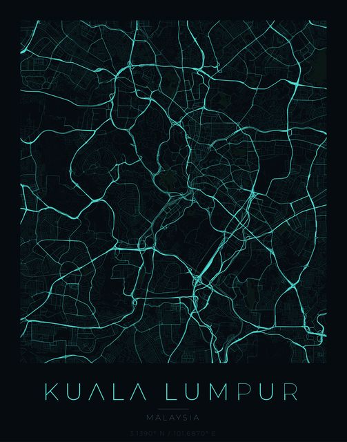 Kuala Lumpur city map poster, Cyan Pulse palette