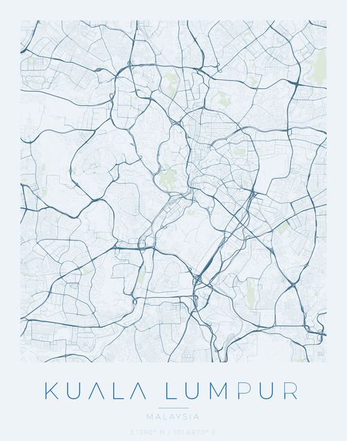 Kuala Lumpur city map poster, Harbor Blue palette