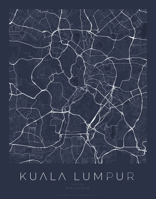 Kuala Lumpur city map poster, Navy Classic palette