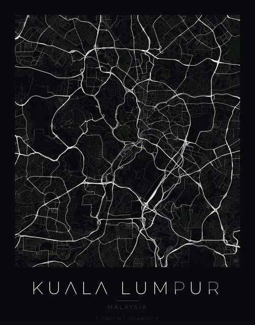 Kuala Lumpur city map poster, Obsidian Line style