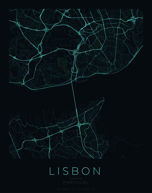 Lisbon city map poster, Cyan Pulse palette