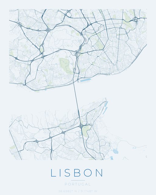Lisbon city map poster, Harbor Blue palette