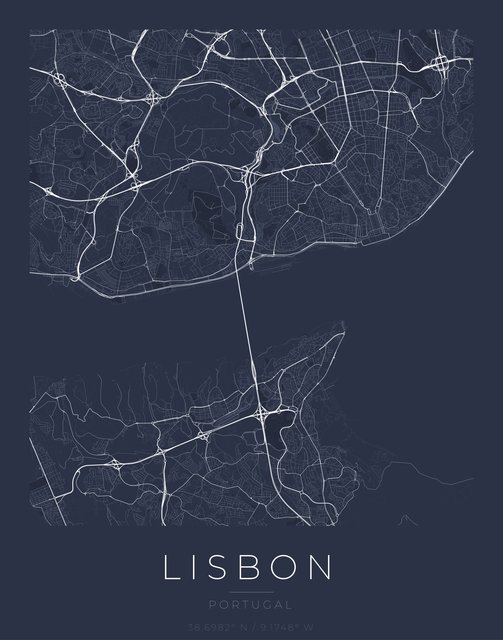 Lisbon city map poster, Navy Classic palette