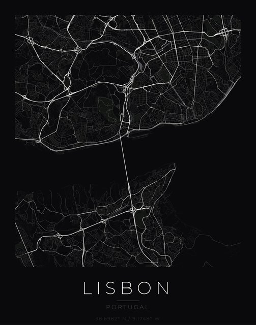 Lisbon city map poster, Obsidian Line style