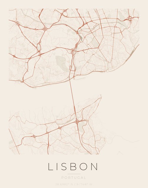 Lisbon city map poster, Sandstone palette