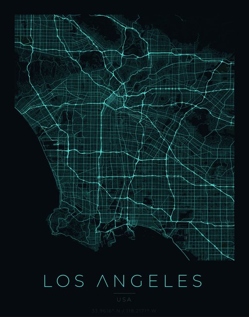Los Angeles city map poster, Cyan Pulse palette