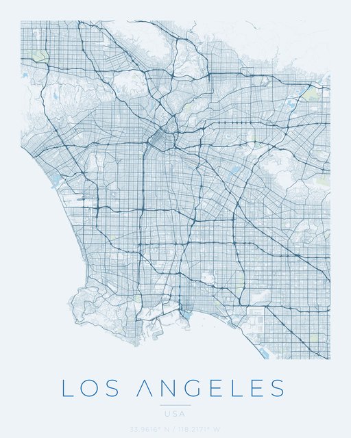 Los Angeles city map poster, Harbor Blue palette