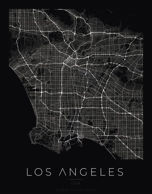 Los Angeles city map poster, Obsidian Line style