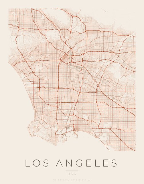 Los Angeles city map poster, Sandstone palette