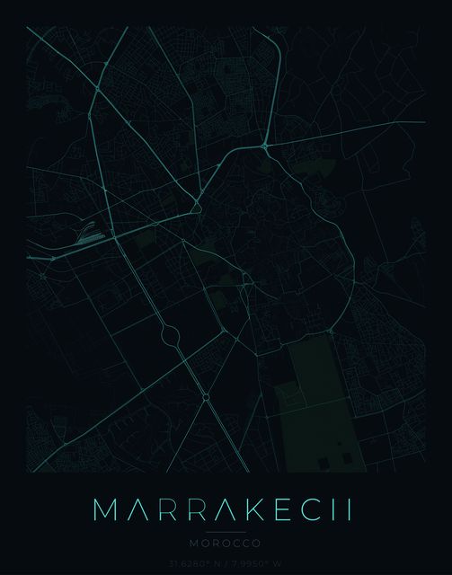 Marrakech city map poster, Cyan Pulse palette