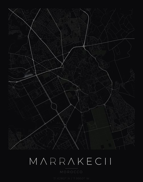 Marrakech city map poster, Obsidian Line style