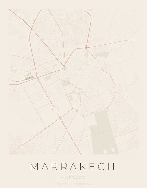 Marrakech city map poster, Sandstone palette