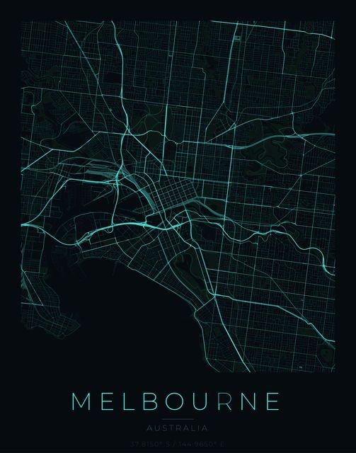 Melbourne city map poster, Cyan Pulse palette