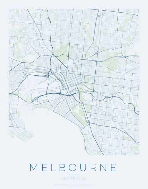 Melbourne city map poster, Harbor Blue palette