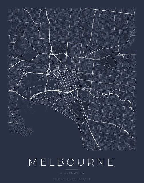 Melbourne city map poster, Navy Classic palette