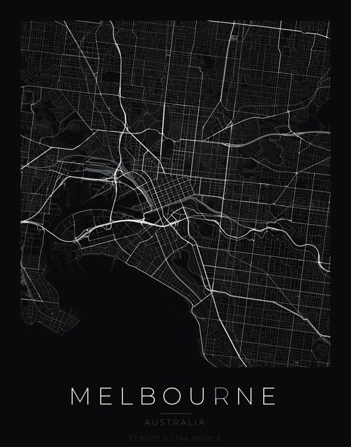 Melbourne city map poster, Obsidian Line style