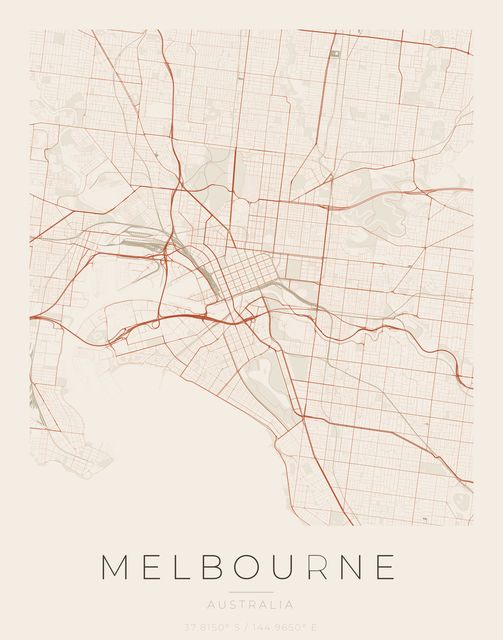 Melbourne city map poster, Sandstone palette