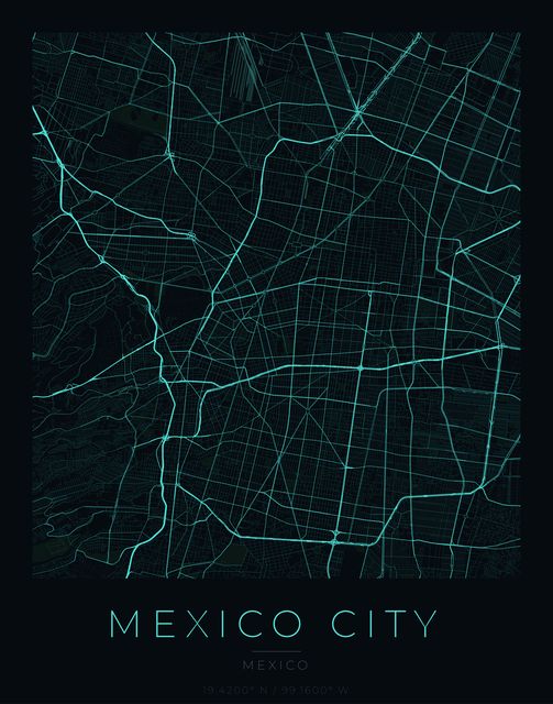 Mexico City city map poster, Cyan Pulse palette