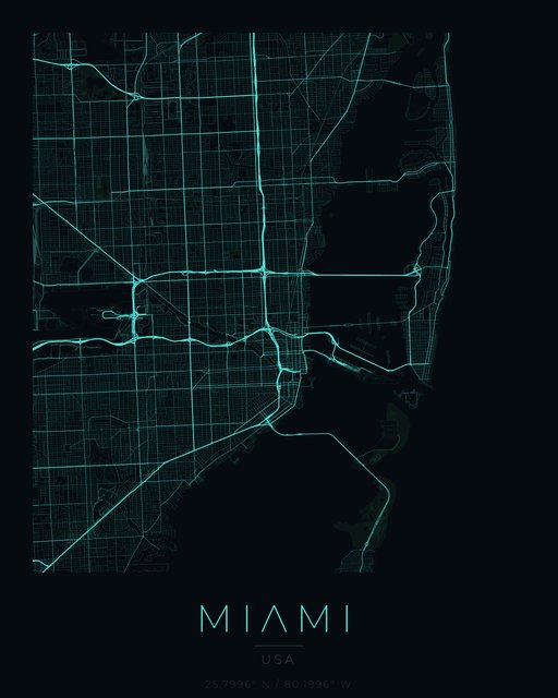 Miami city map poster, Cyan Pulse palette