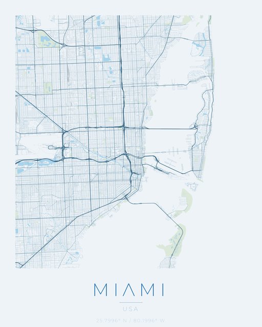 Miami city map poster, Harbor Blue palette