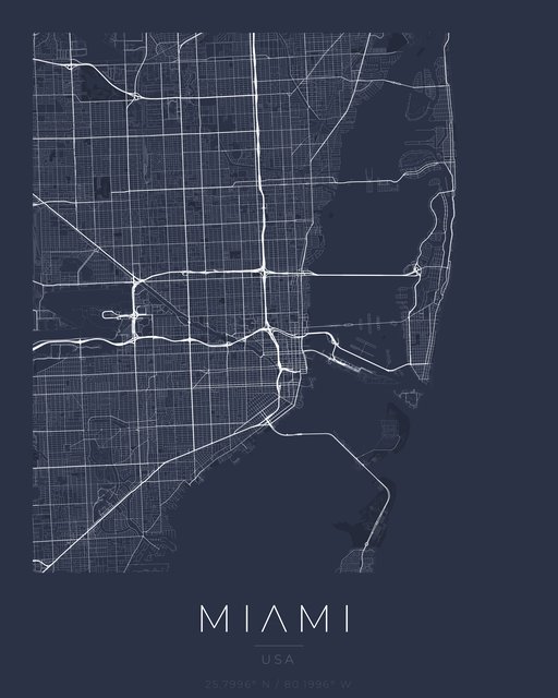 Miami city map poster, Navy Classic palette