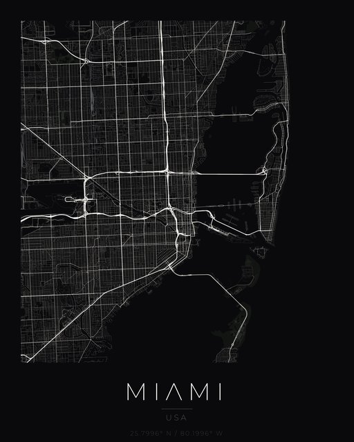 Miami city map poster, Obsidian Line style