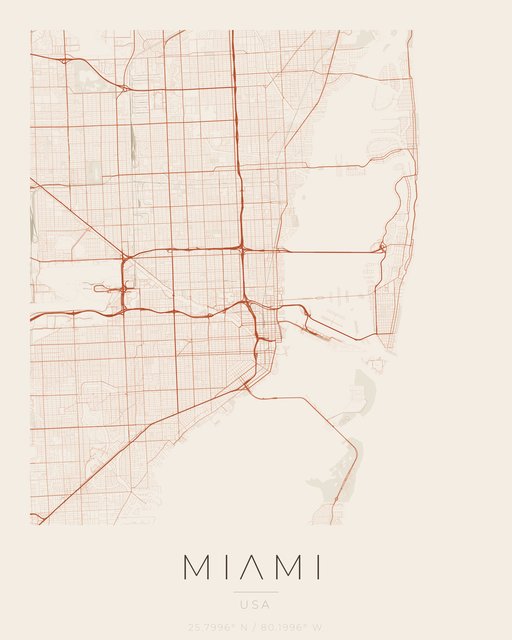Miami city map poster, Sandstone palette