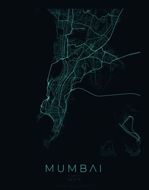 Mumbai city map poster, Cyan Pulse palette
