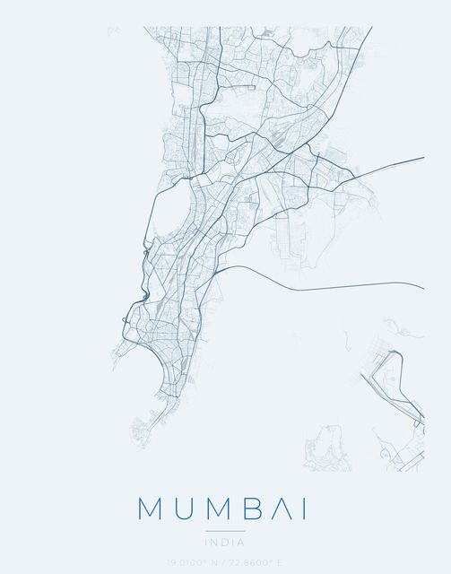 Mumbai city map poster, Harbor Blue palette