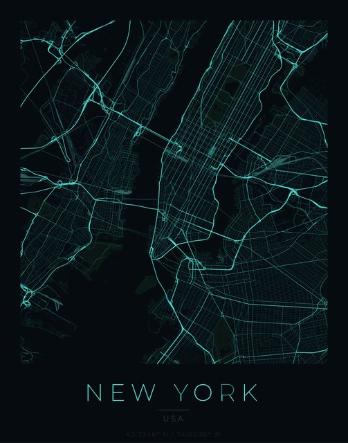 New York city map poster, Cyan Pulse palette